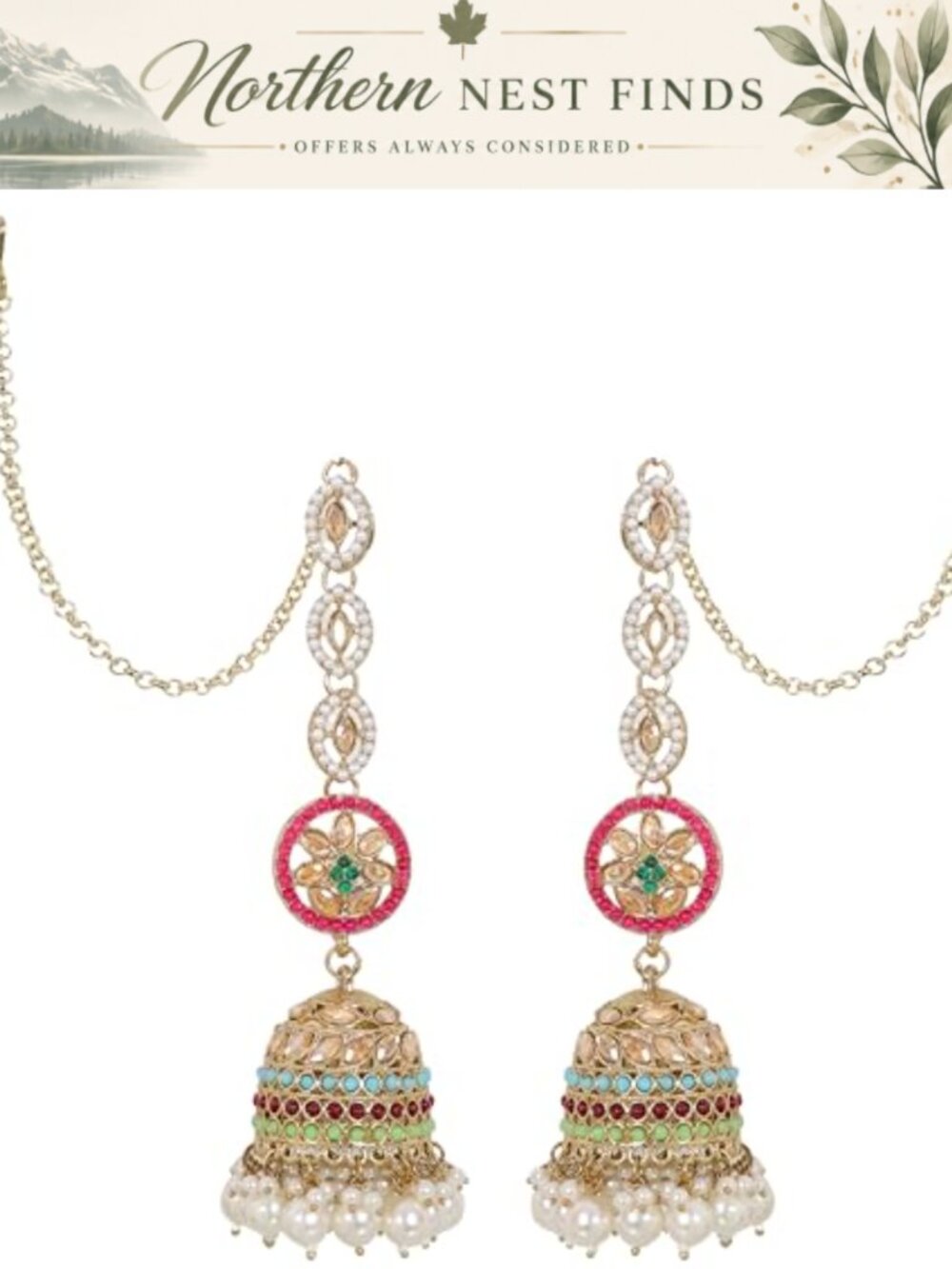 Indian Ethnic Chandbali Dangle Jhumka Earrings Gold Handmade Metal Earrings